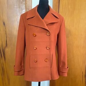 Que Women's Double-Breasted Orange Peacoat 100% Wool Preppy Tailored Winter Warm